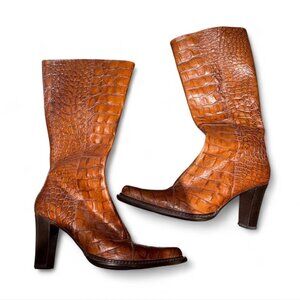 Vintage NWOT Donald J Pliner Brown leather Croc knee-high boots size 10